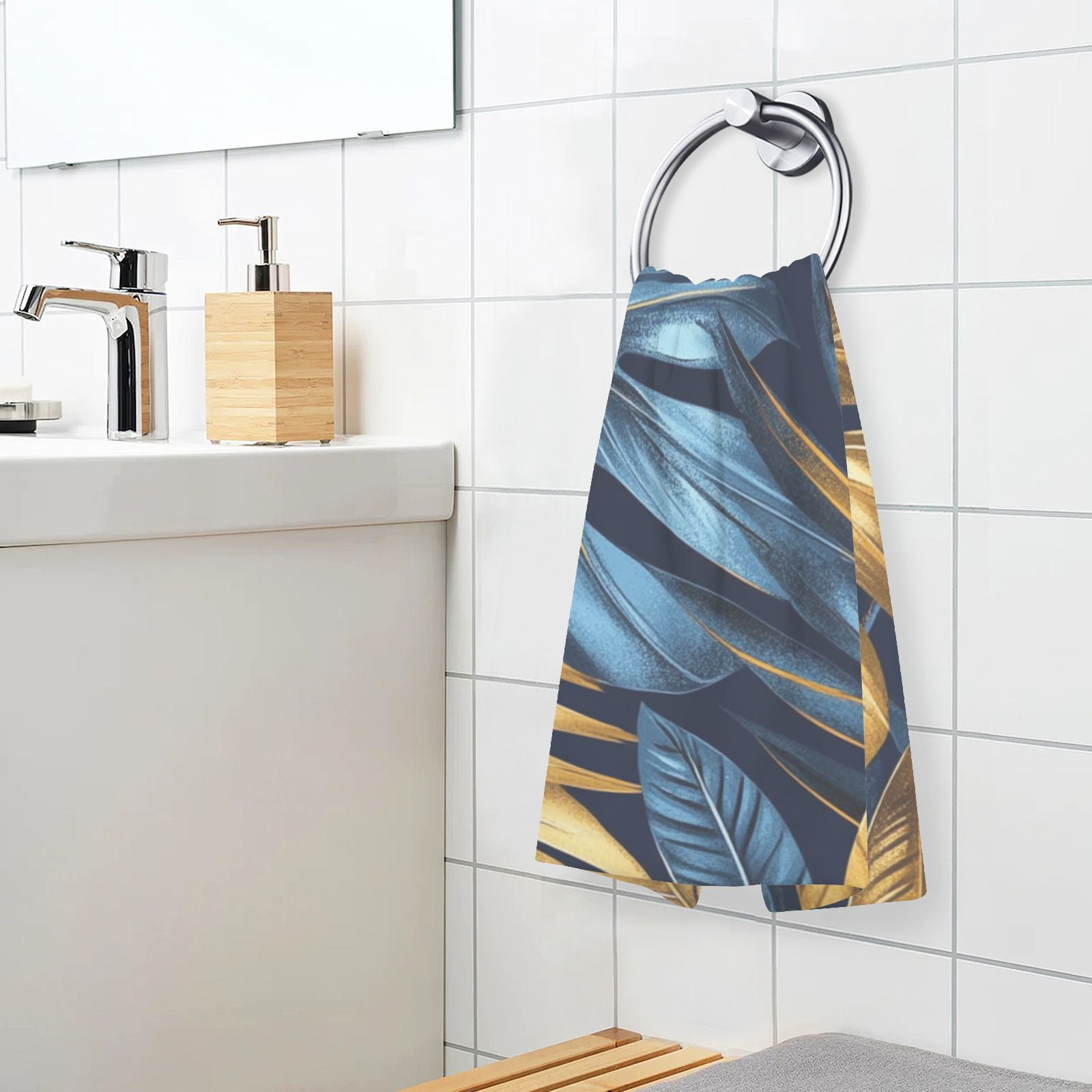 Blue and Gold Leaves Hand Towels Cotton Bath Towels Large Face Towels Absorbent for Bathroom 2 Packs