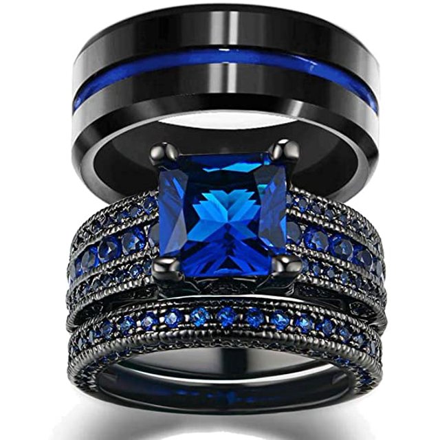 Conjunto Anillos de Compromiso Loversring ACL3263784 para Mujer Chapado en Oro Negro 10k Corte de Cuadrado Cz para Hombre Titanio 8 mm de Ancho Azul Loversring ACL3263784