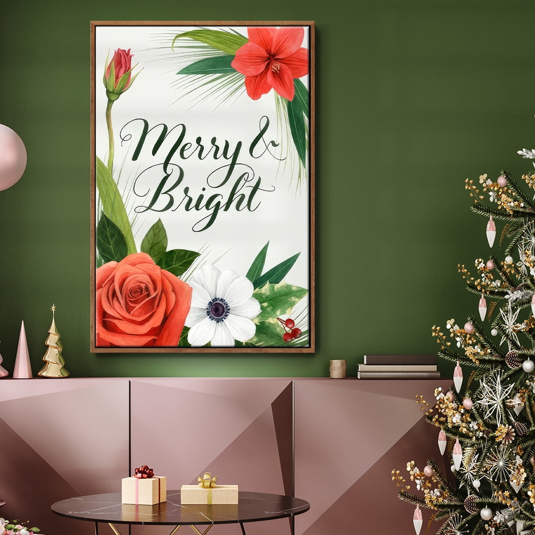 Christmas Flora Wreath Collection B - Framed Gallery Wrapped Holiday Canvas - 17 x 25 - Rosewood Frame