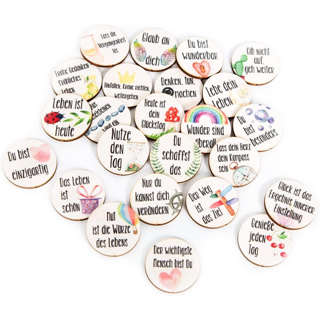 24 piezas de amuleto de la suerte de madera, regalo de coraje, decoración de mesa de la suerte, tarjeta de puntos de recompensa para niños, letrero de madera redondo