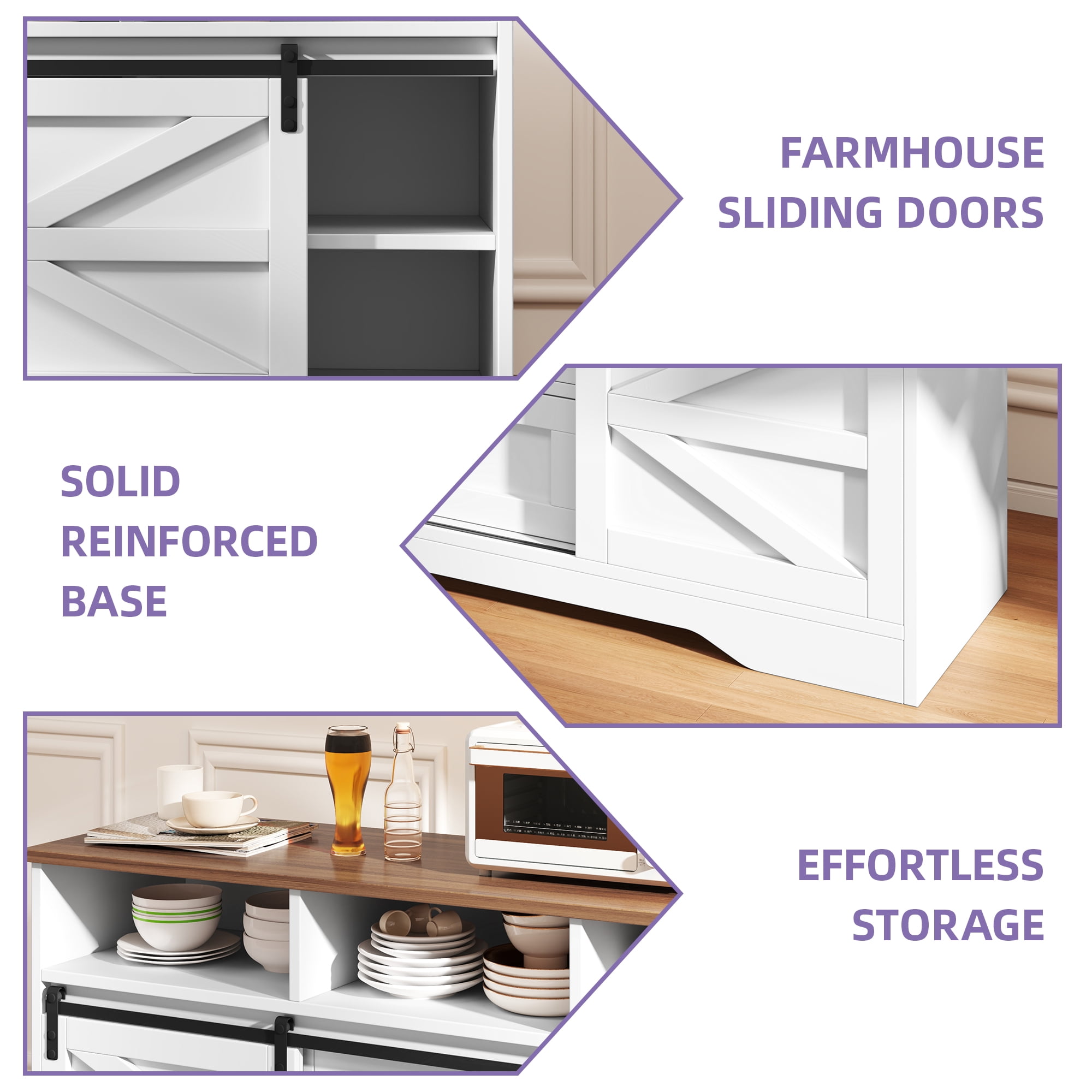 Uforic Farmhouse Buffet Sideboard Cabinet w/ Sliding Doors, Drawers for Kitchen, Living Room, White