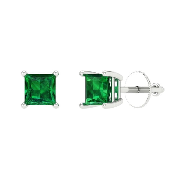 0.5 ct Screw-Back Stud Earrings for Women | 3.5mm Princess Cut Simulated Emerald | 18K White Gold