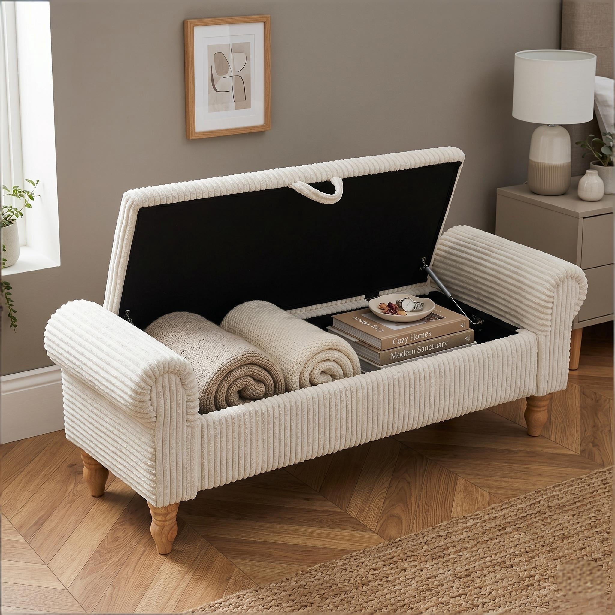 Howcool 51.5" Corduroy Storage Ottoman Bench, Upholstered End of Bed Bench for Bedroom Living Room Entryway Window Seat（White）