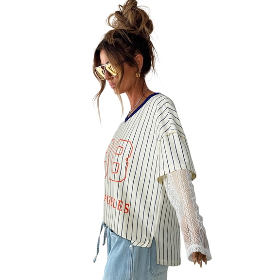 Women's Blue Stripe Graphic Lace Patchwork V Neck Top – Casual Spring Style for Daily Wear, XL