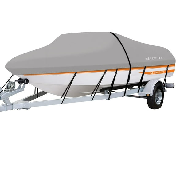 Boat Cover, DSSTYLES 420D Waterproof Trailerable Marine Grade Polyster Canvas Fits V-Hull, Tri-Hull Fishing Boat, Runabout, SKi Boat, Bass Boat, up to ((Length 17ft-19ft Beam Width Up to 96"))
