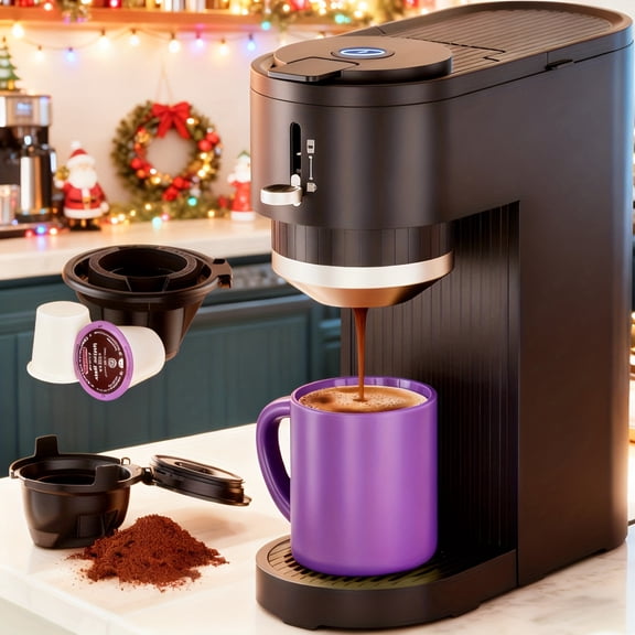 2-in-1 Single Serve Coffee Maker - Ground Coffee & Pod Compatible with 6-14oz Brew