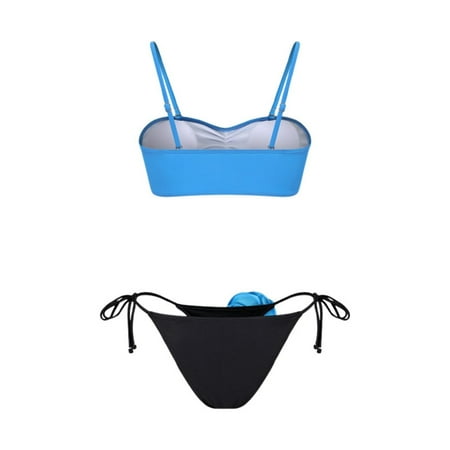 JIANJIA Womens Swimsuits Solid Color Floral Spaghetti Strap Backless Brassiere With Thongs Split Swimsuit Two Piece Bikinis Swimwears Holiday Wear Blue L
