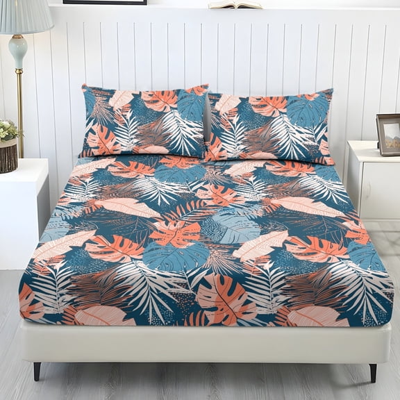 ZIATUBLES 3 Pcs Twin Size Sheet Set, Tropical Leaf Printed Soft Comfort Bedding Sets with 1 Fitted Sheet and 2 Pillowcases, Cooling Cozy All-Season Bed Sheets