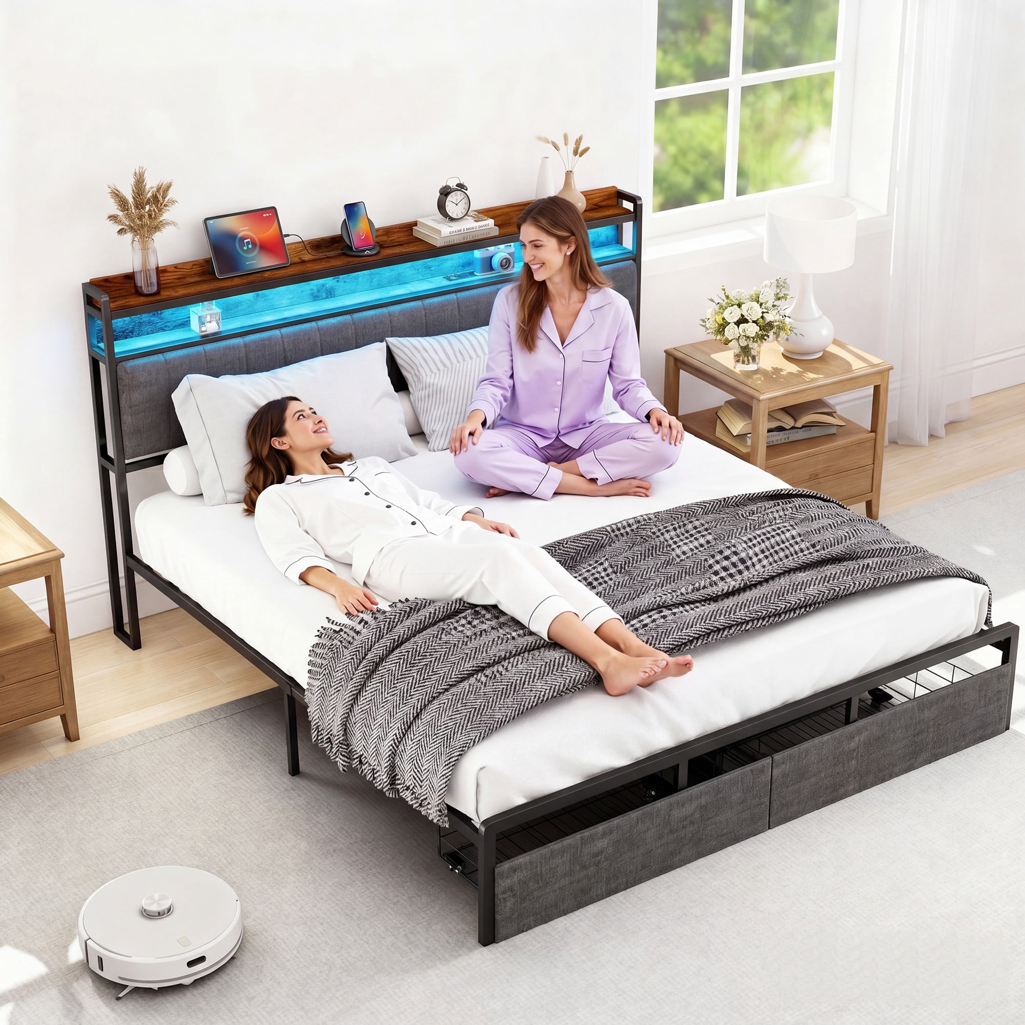 Furnibear LED Queen Bed Frame with Upholstered Storage Headboard and Drawers, LED Platform Bed with Charging Station, No Box Spring Needed