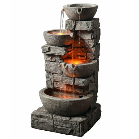Lighted Punch Fountain - Peaktop - Outdoor Stacked Stone Tiered Bowls Fountain w/ LED Light