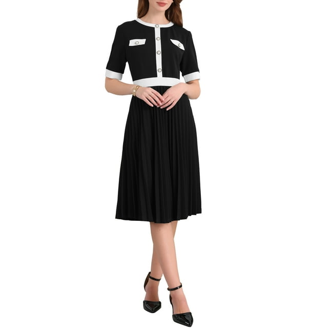 Vestido Plisado de Manga Corta para Mujeres 2025 Tendencia Color de Contraste Casual Trabajo A-Line Vestidos Midi S Negro