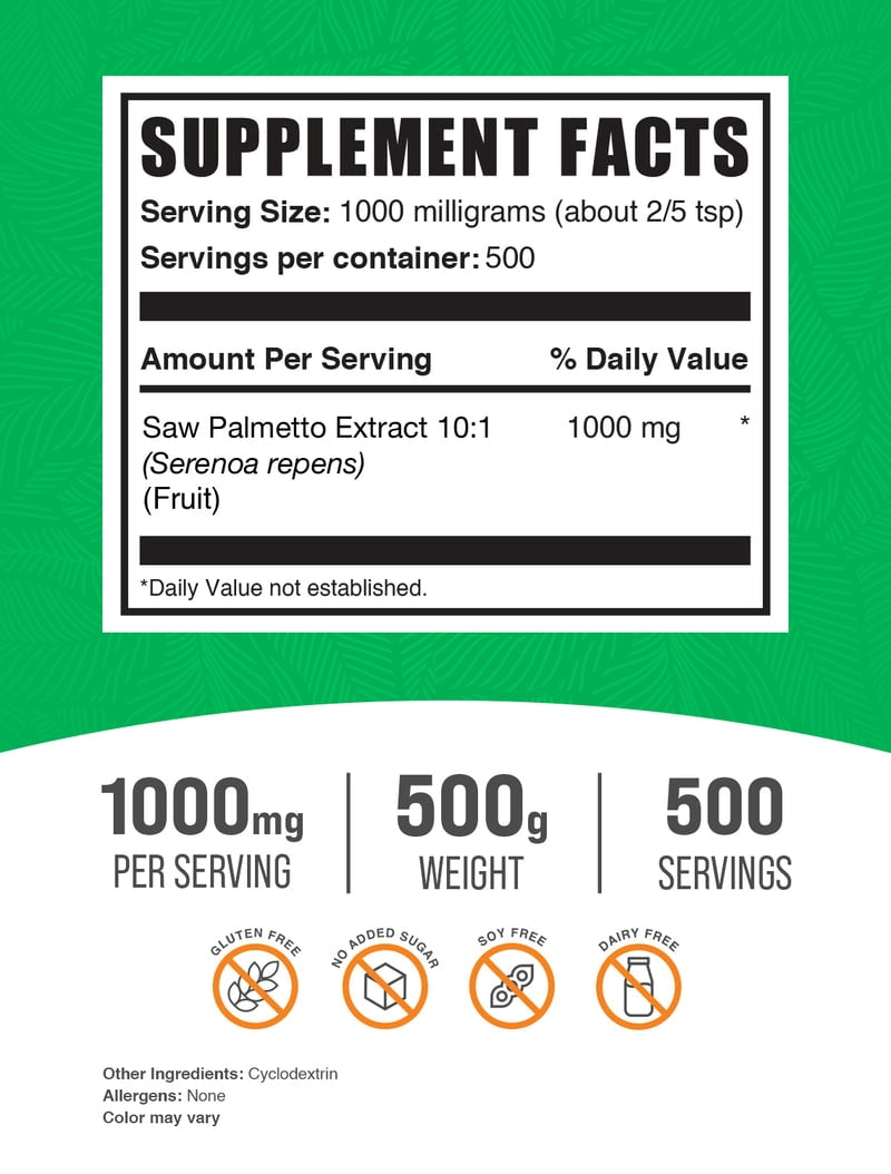 BulkSupplements Saw Palmetto Extract Powder - 1g per Serving - 500 Grams (1.1 lbs) - 500 Servings