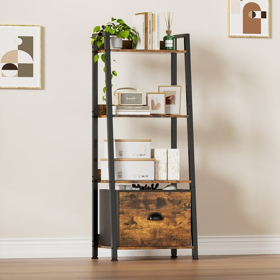 Ladder Shelf, 4-Tier Upgraded Elevated Ladder Bookshelf with Drawer, 48.2" Ladder Shelf Bookcase, Tall Bookshelf with Steel Frame, Display Shelf for Living Room, Home Office, Bedroom