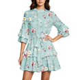 thumbnail image 2 of ClodeEU Women's Floral Print Round Neck 3/4 Bubble Sleeve Waist Tie Ruffle Mini Dress,Elegant Casual Swing Dress Mint Green,Women's Plus XL, 2 of 5