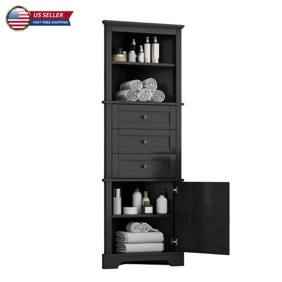 IVV 68.9"H Tall Corner Cabinet with 3 Drawers and Adjustable Shelf, Single-Door Triangle Storage MDF Cabinet in Black Painted for Bathroom, Kitchen, Living Room