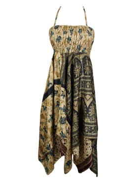 Mogul Womens Floral Print Halterneck Sexy Dress Printed Two Layer Unique Smocked Bodice Beach Breeze Sundress