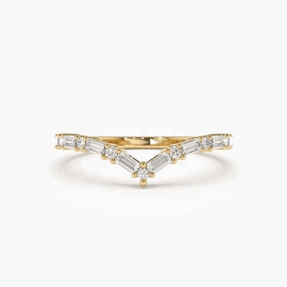 CAUER 14K Yellow Gold Plated Baguette & Round Moissanite Chevron Band Ring for Women – Elegant Statement Jewelry Gift with Certificate & Lifetime Warranty