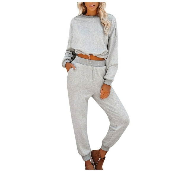 IROINNID Tracksuit For Women 2 Pieces Set Reduced Drawstring Short Pullover Sweatshirt Color Trousers Suit Jogging Suit,Gray