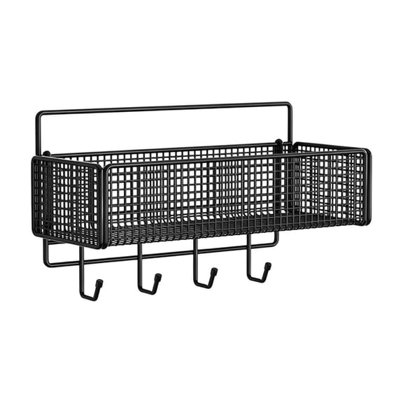 Wall Mount Storage Basket,Metal Grid Hanging Shelf with Bottom Hooks for Office Kitchen Entryway,Black