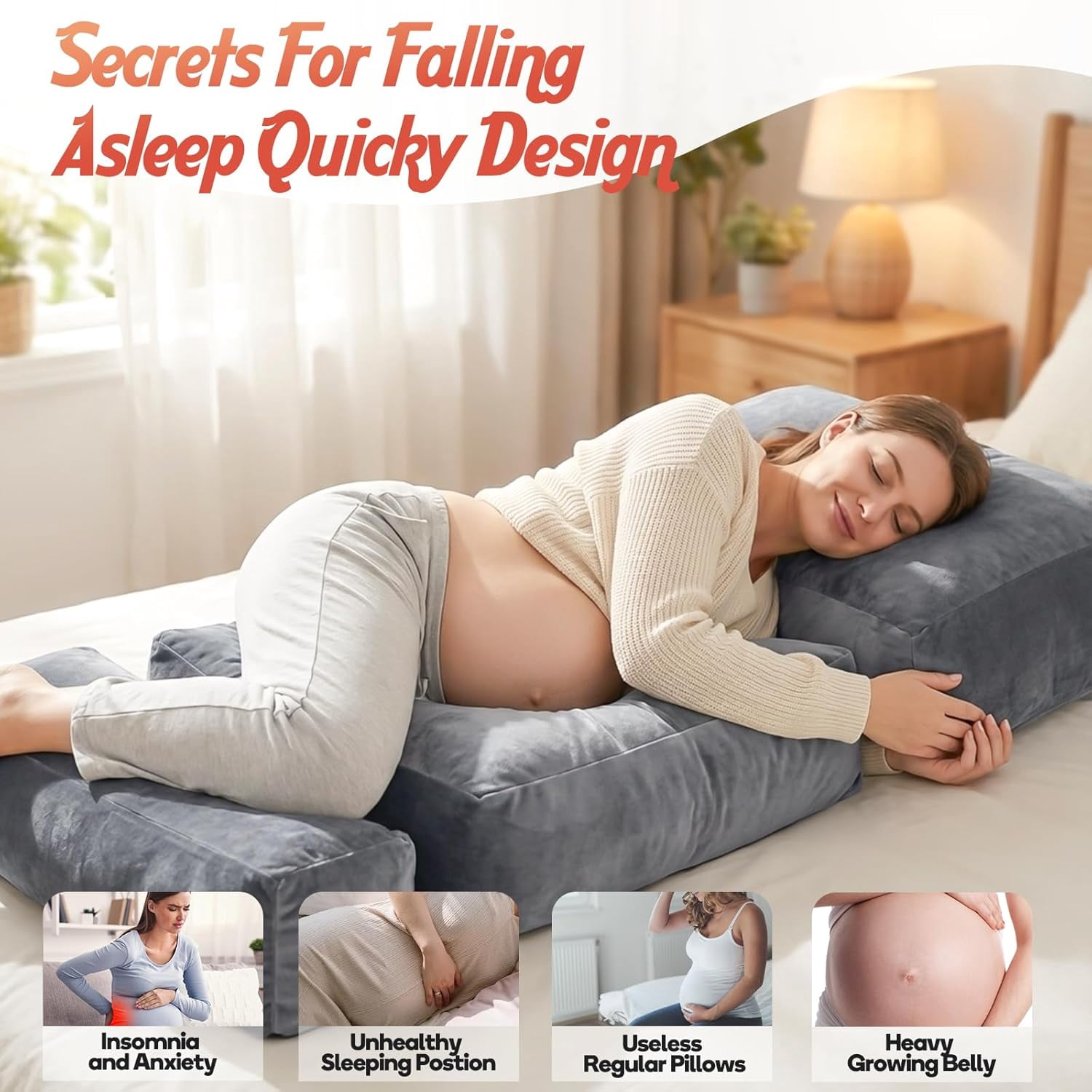 Pregnancy Pillows for Sleeping, 45.3 Inch Pregnancy Massage Pillow Full Body Pillow with Removable Cover & Leg Pillow, Support for Back, Legs, Belly, HIPS for Pregnant Women (Grey)