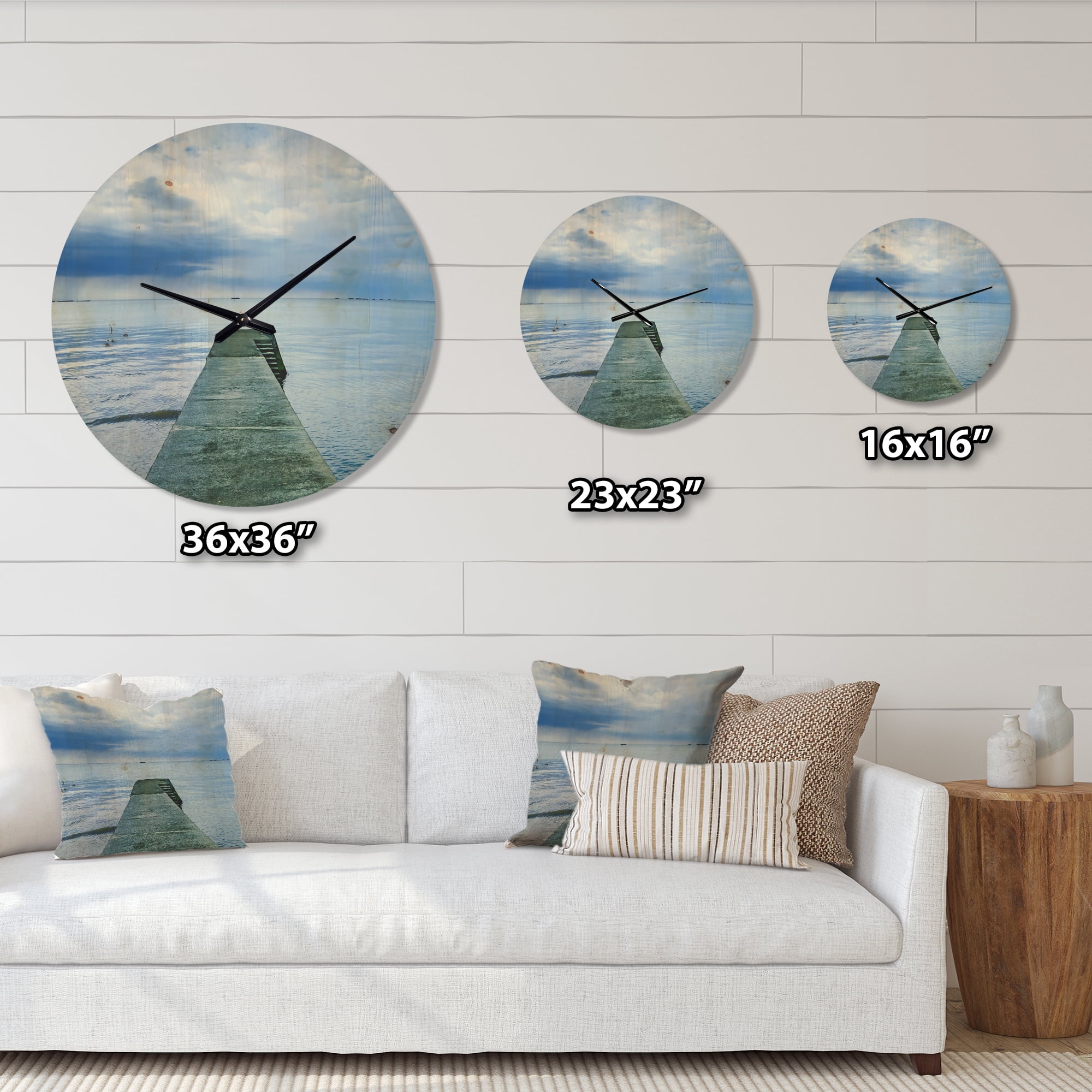 Designart 'Concrete Lake Pier Under Cloudy Sky ' Modern Wood Wall Clock