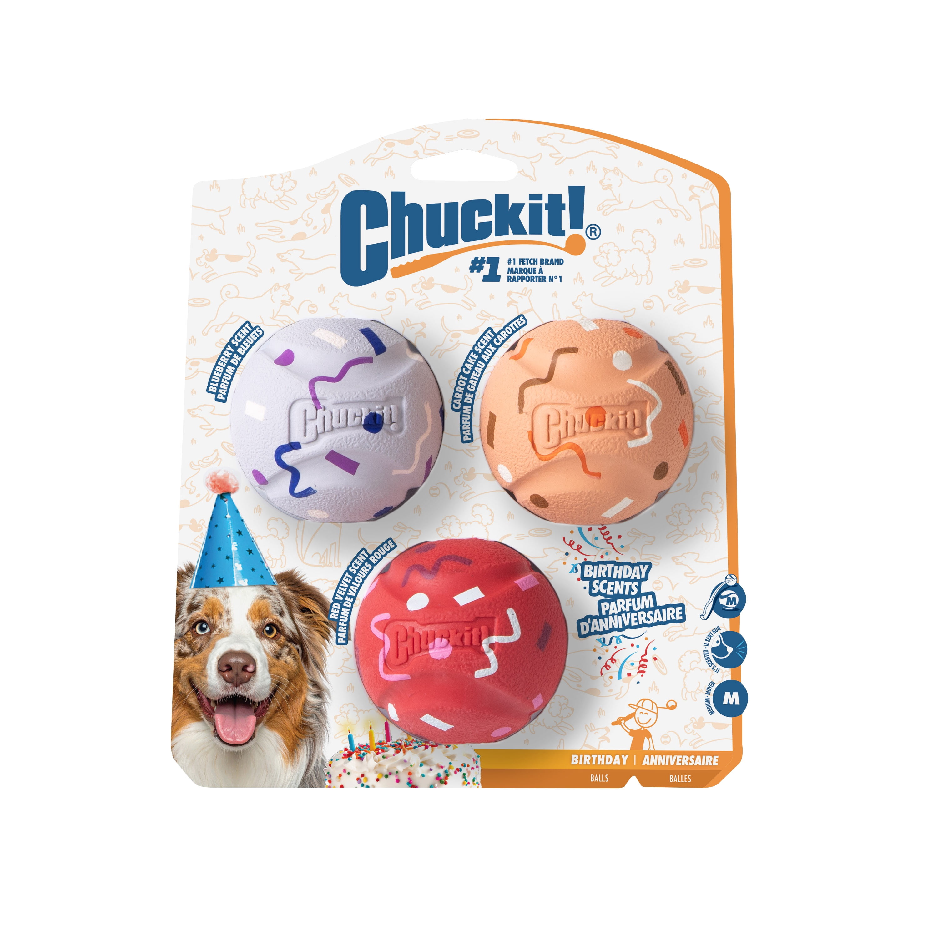 Chuckit! Birthday Fetch Medley Dog Balls, Medium 2.5", Pack of 3 – Birthday‑Scented Rubber Fetch Toys for Dogs 20–60 lb