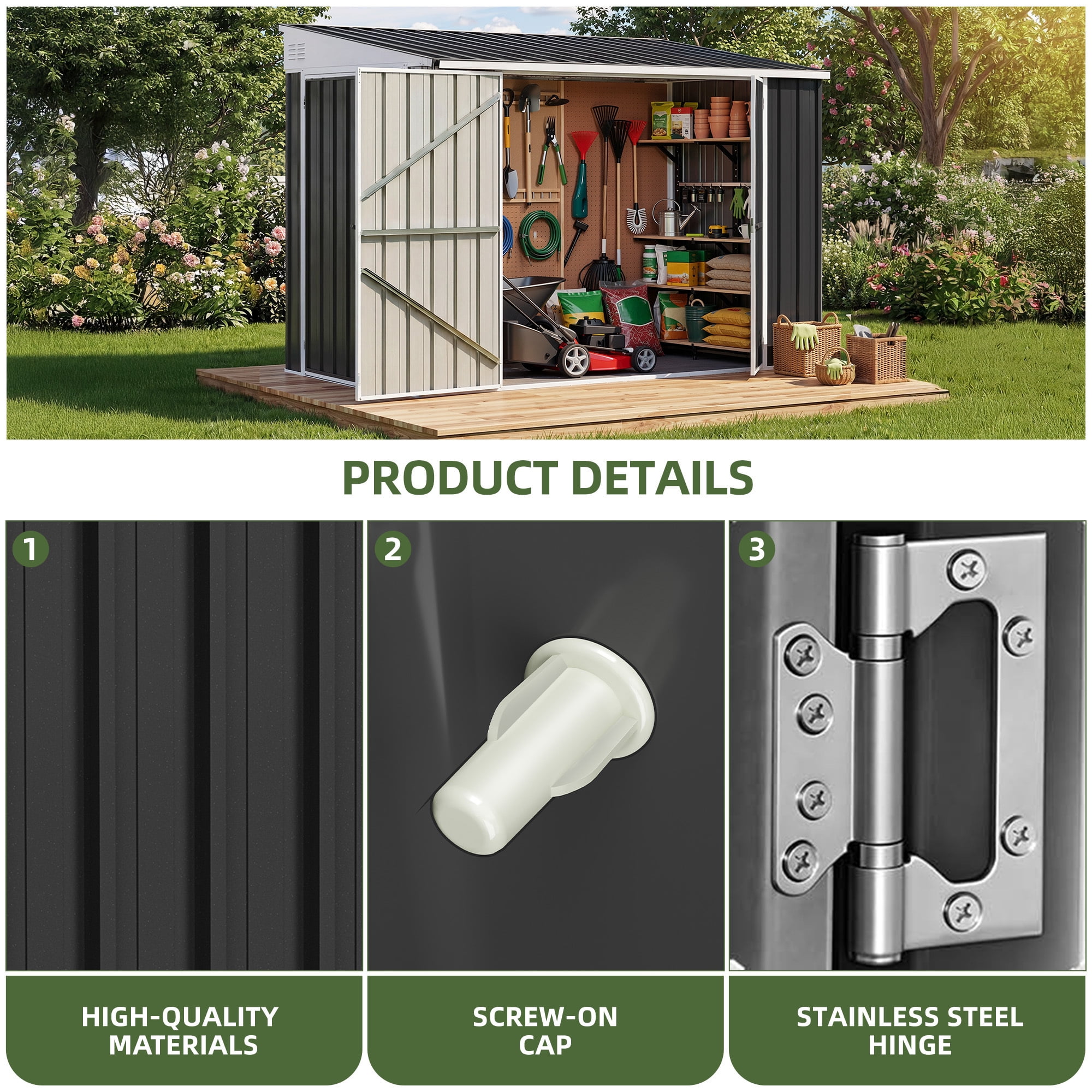 Uforic 7' x 4' Outdoor Weatherproof Storage Shed, Metal Bike Shed with Lockable Doors, Garden Storage for Lawn Equipment, Tools and Trash Cans, Dark Gray