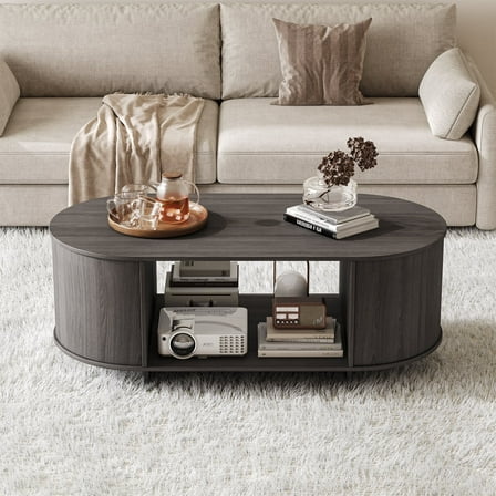 Modern Oval Coffee Table with Storage,Round Coffee Table for Living Room,Low Farmhouse Rustic Wood Center Tables for Living Room, Bedroom, Home Office, Grey