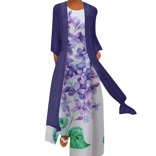 Robes d'Été pour les Femmes 2022 Femmes Casual Print Robe Col Rond Manches Robe Demi Manches en Mousseline de Soie Châle Cardigan Deux Ensemble