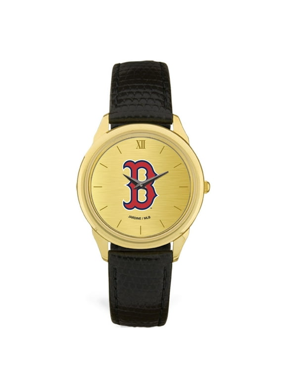 Men's  Black Boston Red Sox Gold Dial Leather Wristwatch