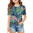 thumbnail image 2 of WTOBBY Summer Children's Round Neck Hawaiian Casual T-Shirt Top for Girls - Short Sleeve Shirt, Perfect for Beach Fun and Outings,Navy 140, 2 of 5
