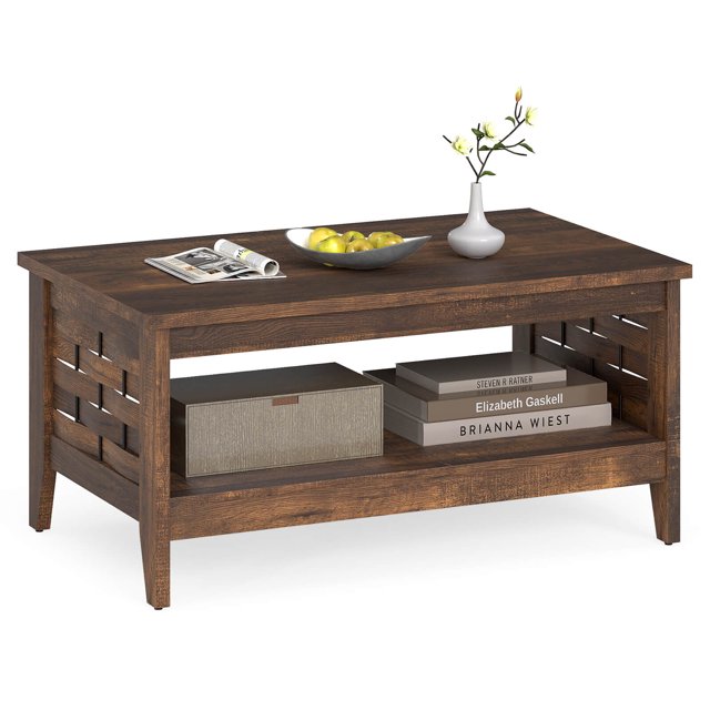 Costway 39.5" 2-Tier Coffee Table with Open Shelf Woven Decorations Storage for Living Room Brown