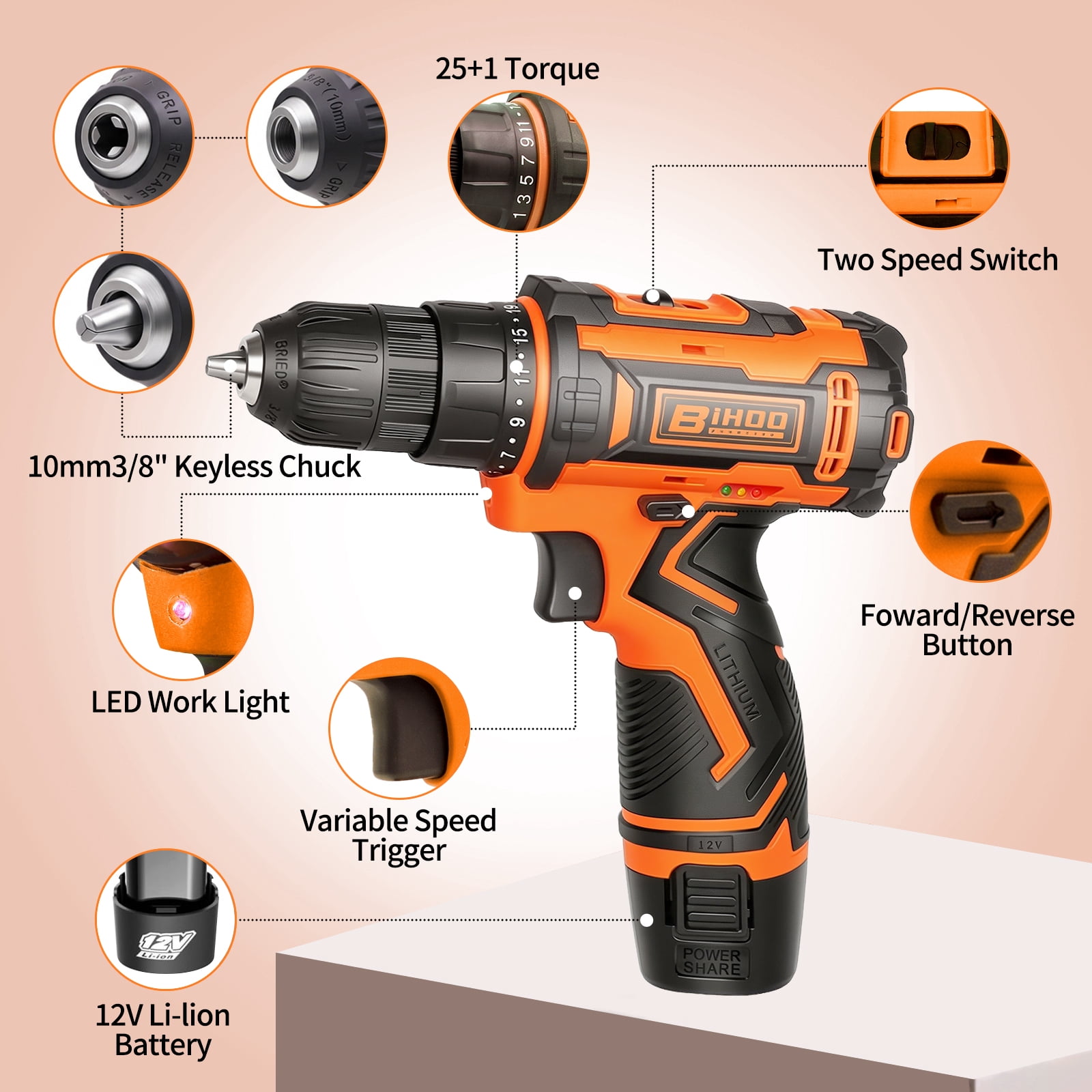 12V Cordless Drill Driver Set,43pcs 3/8"Keyless Chuck Battery Drill Bits Kit,2 Variable Speed for Home DIY Work,Orange