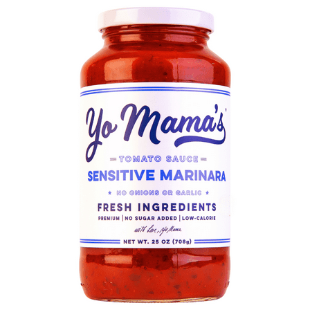 Yo Mama's Foods Sensitive Marinara Pasta Sauce – No Onion, No Garlic, Gluten-Free, Vegan, 25 oz