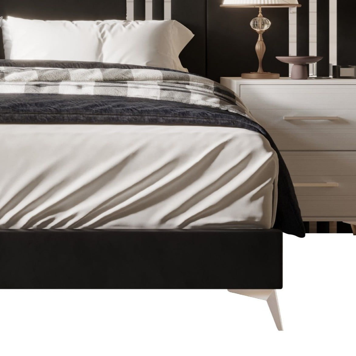 Home Design Laytec King Velvet Upholstered Platform Bed Frame with Rectangular Headboard and Wall Panels, Black, Easy Assembly