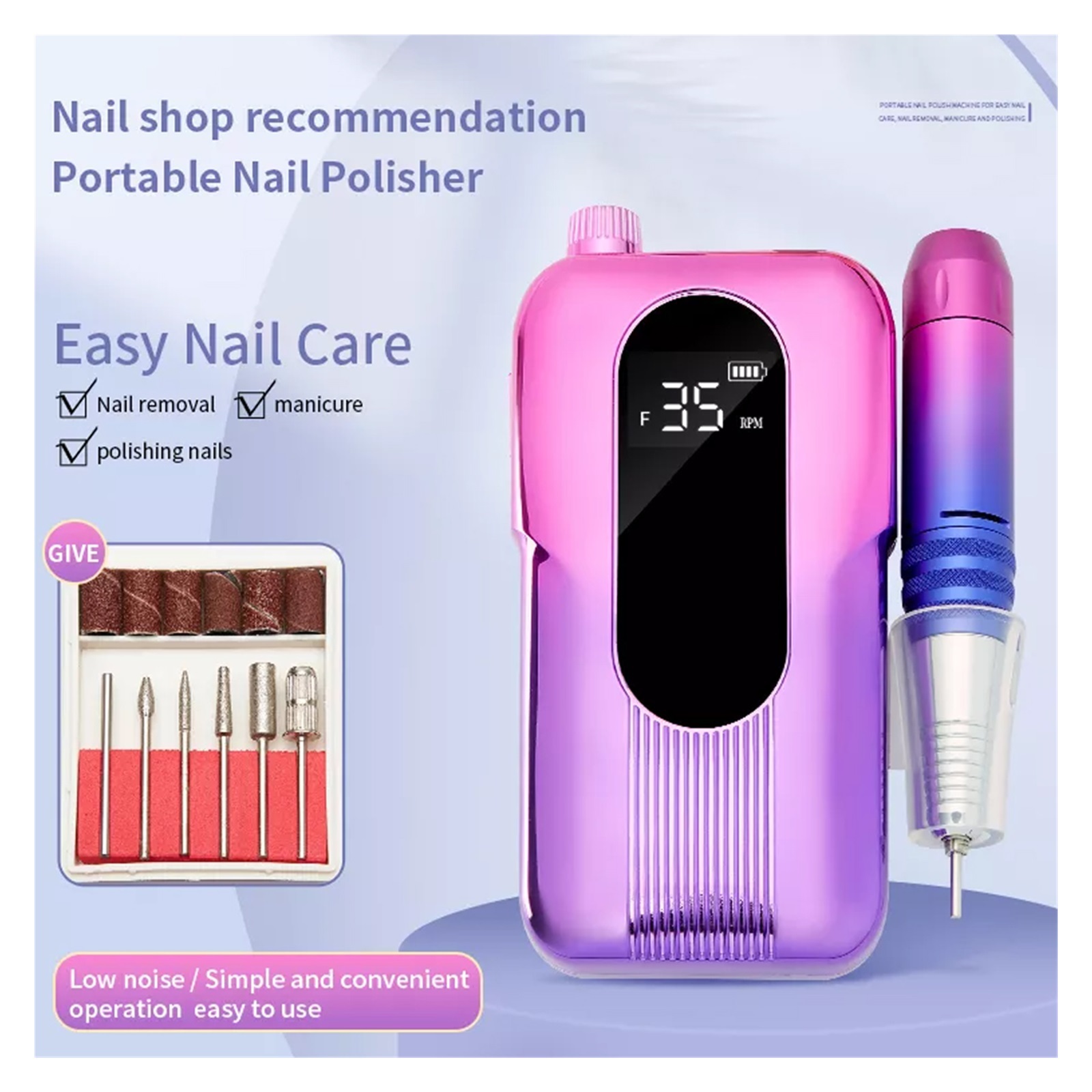 Nail Drill Machine 35000RPM Wireless Electric Nail Polish Remover Mini Nail File Drill Machine With LED Display Home & Salon Use ,Low Noise