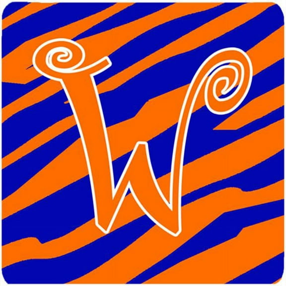Monogram - Tiger Stripe Blue And Orange Foam Coasters - Set 4, Initial Letter W