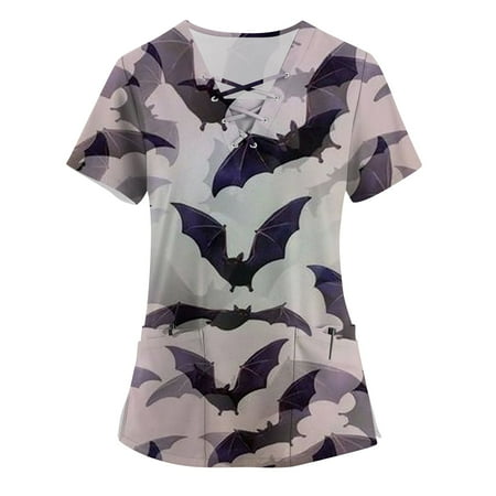 

Sksloeg Sksloeg Women Printed Scrub Tops Short Sleeve Plus Size Pumpkin Cat Witch Print Working Holiday Nurse Uniform with Two Big Pockets Gray S