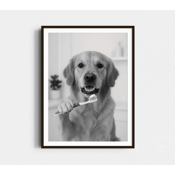 Miluva Golden Retriever Bathroom Print, Dog Brushing Teeth, Black And White Wall Art, Dog Print, Dog Owner Gift, Humor Bathroom Wall Decor Decor For Living Room Bedroom, 8x12 UNFRAMED