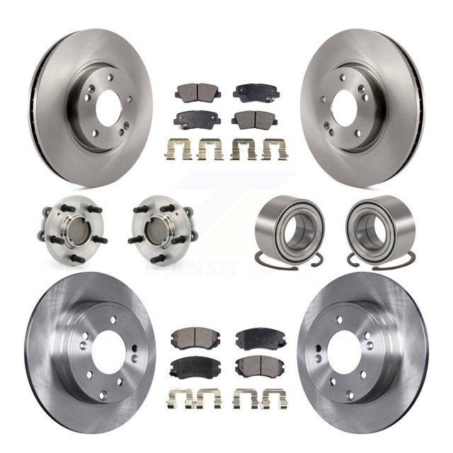 Transit Auto Front Rear Wheel Hub Bearings Assembly Disc Brake Rotors and Semi-Metallic Pads Kit (10Pc) for Car Hyundai Sonata - Left Right Side (Driver Passenger) KBB-106212