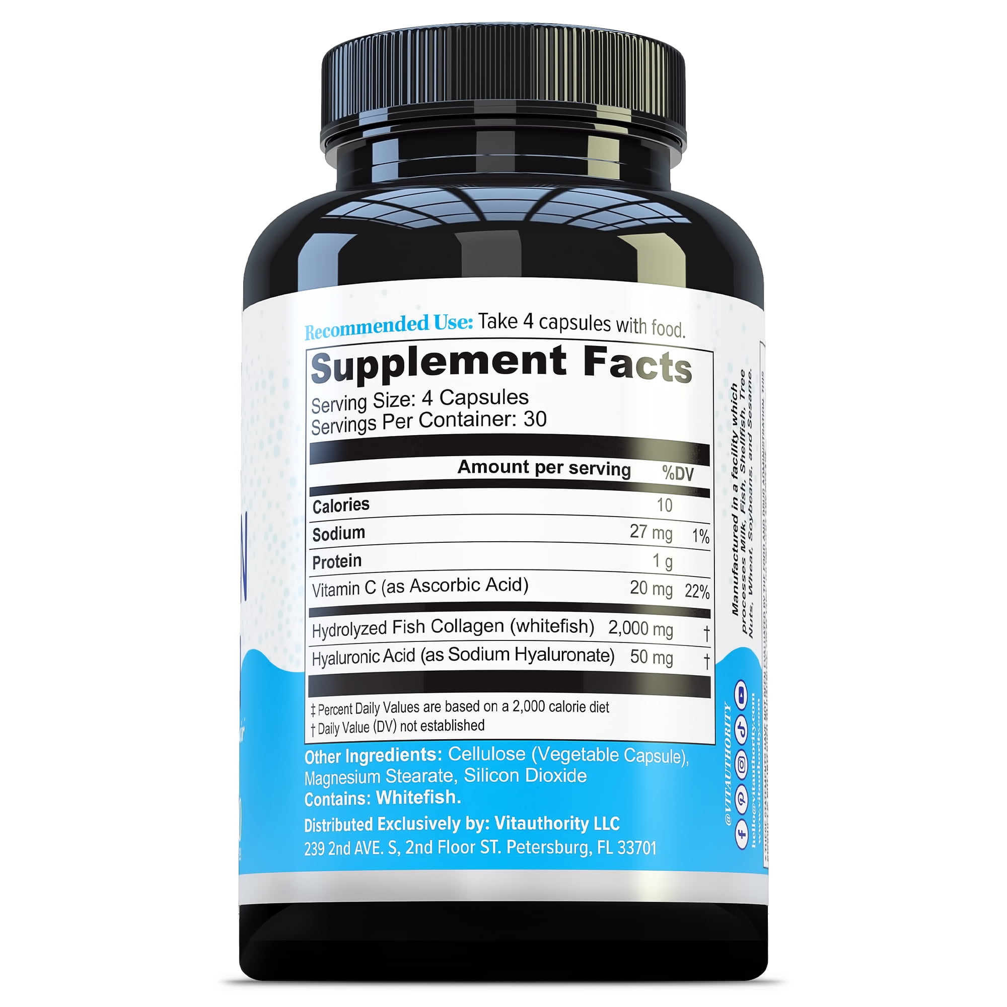 Marine Collagen Capsules Hyaluronic Acid & Vitamin C | Skin Elasticity, Hydration, Hair, Nail & Joint Support | Pescatarian-Friendly 30 Servings