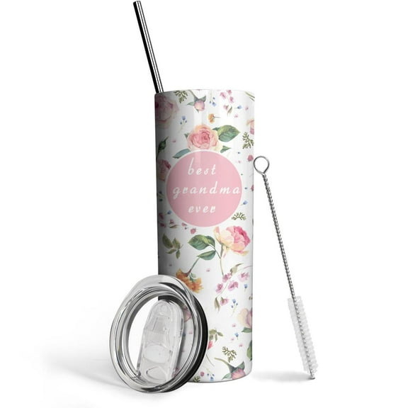 Grandma Pink Rose 20 Oz Skinny Tumbler with Lid and Straw - Double Wall Vacuum Coffee- Birthday Gifts for Mom Sister Friends Women