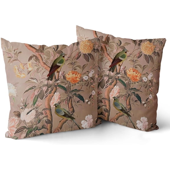 Vintage Floral Pillow Covers 18x18 Inch Red and Brown Floral Decorative Throw Pillow Covers Chinoiserie Flower Bird Pillowcases Cushion Cover for Couch Sofa Bed Home Decor (Pack of 2)