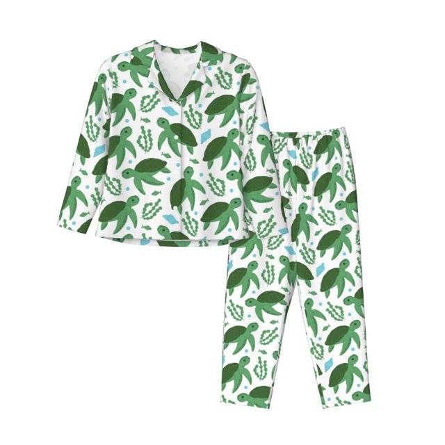 Balery Cartoon Turtle Conjunto de Pijama con Estampado para Mujer, Conjunto de Dos Piezas con Manga Larga, Ropa de Dormir Suave con Bolsillos, Pijamas Cómodos-X-Large