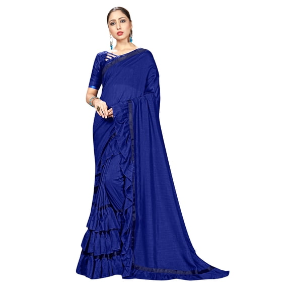 Sarees for Women Georgette Ruffle - Frill Saree | Ethnic Indian Gift Traditional Wedding Gift Sari with Unstitched Blouse Navy Blue