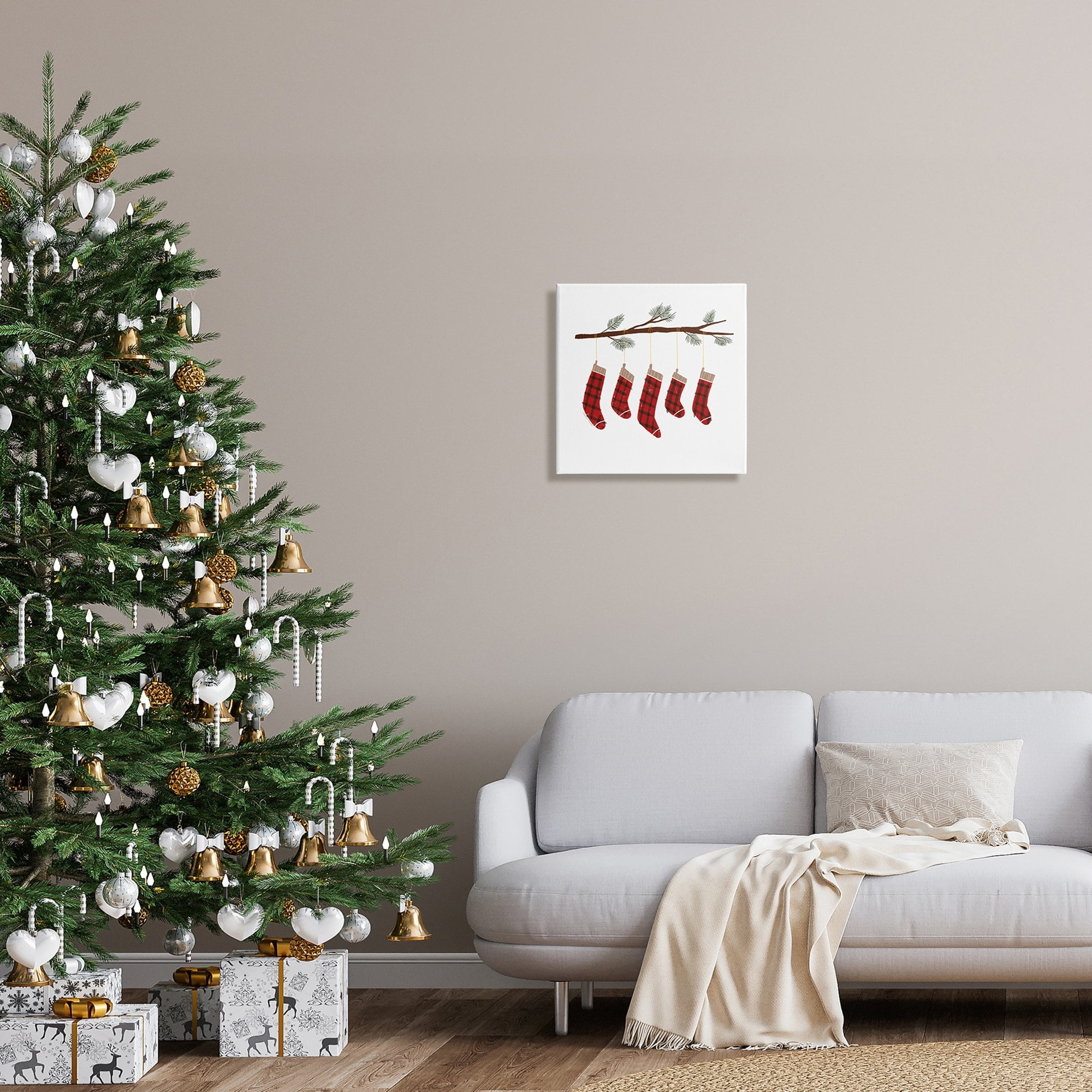 Cozy Hanging Tartan Stockings Winter Tree Branch Botanical & Floral Graphic Art Gallery-Wrapped Canvas Print Wall Art