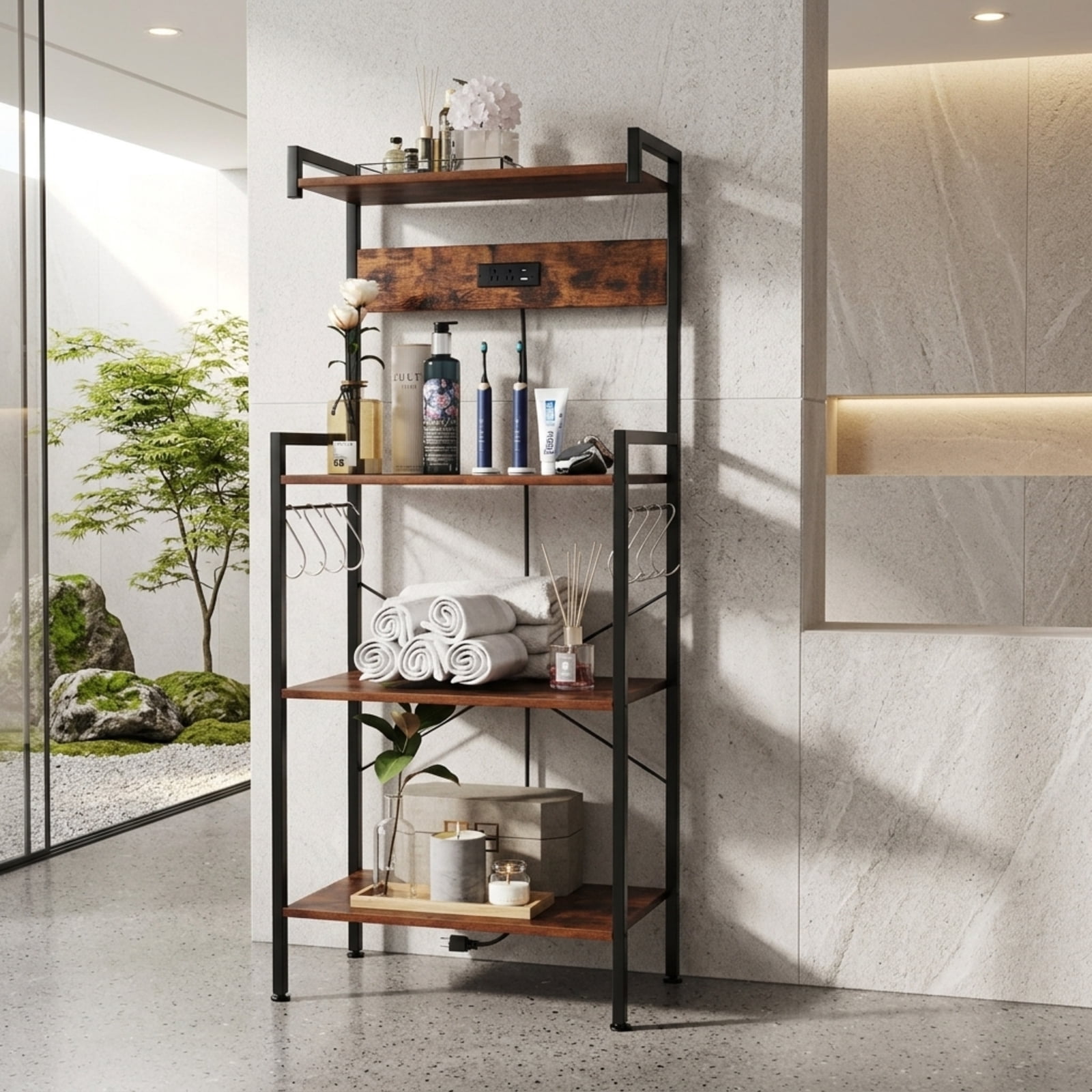 RUIE 4-Tier Kitchen Baker's Rack with Power Outlet and 8 S-Hooks, Industrial Coffee Bar Storage Shelf with ETL Charging Station, Rustic Brown