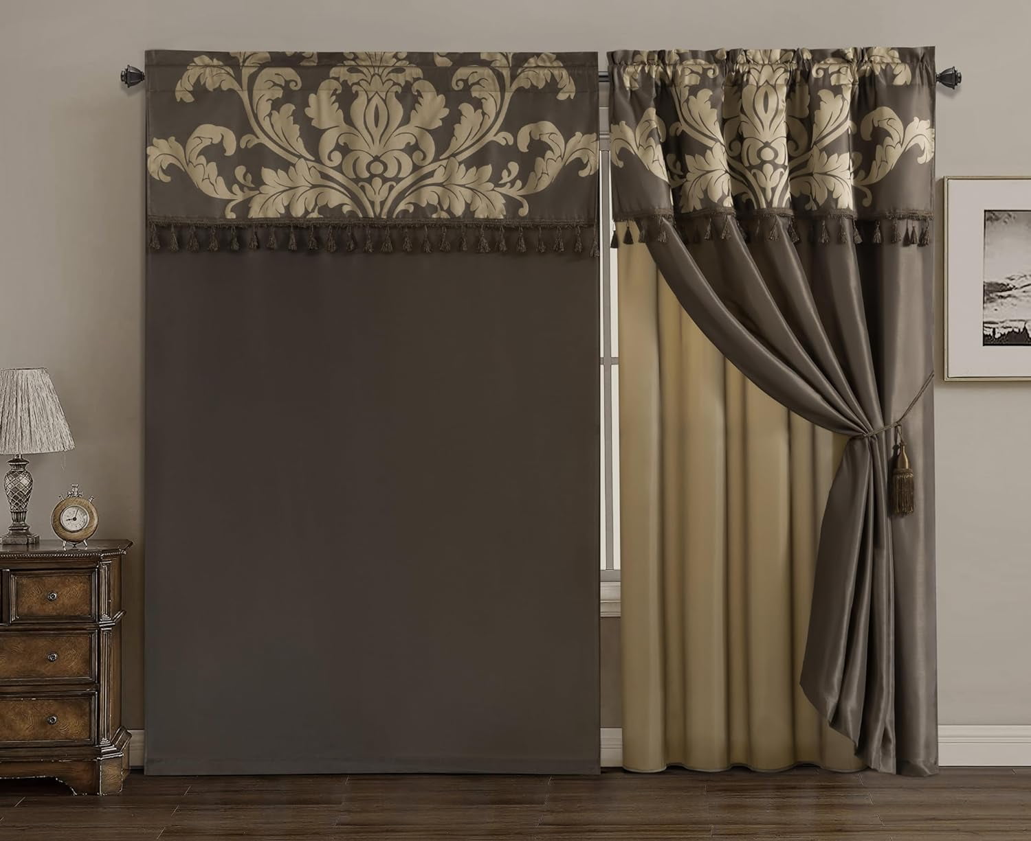 Chezmoi Collection Royal 4-Piece Jacquard Floral Window Curtain Set, Coffee/Gold