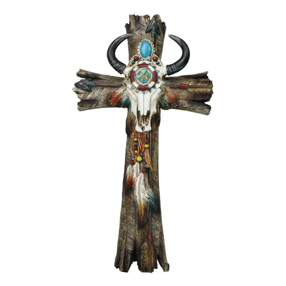 Southwestern Tribal Cow Skull With Arrows Turquoise Gems And Feathers Wall Cross