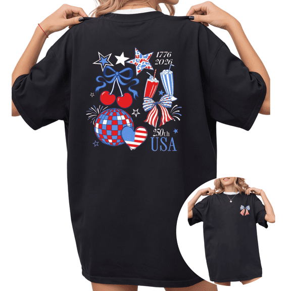 UNISHE Women's 250th USA 1776-2026 Patriotic Retro Disco Ball Graphic Short Sleeve T-Shirt Casual Cotton Crewneck Top